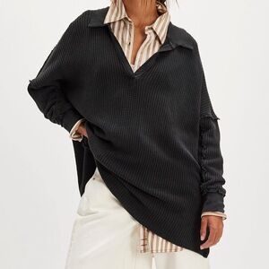 NEW we the free Travis polo Black Waffle Knit Pullover